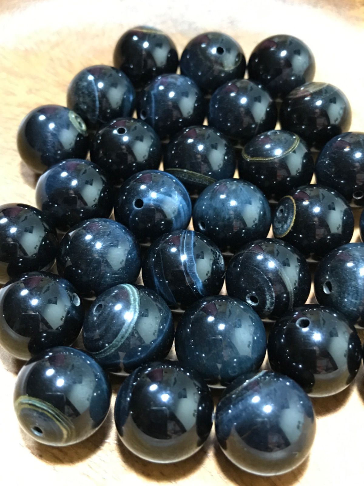 14mm玉 ホークスアイ 鷹目石 1mm穴パーツ30個