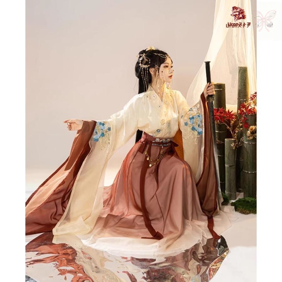 レディース 中華コスプレ衣装 華やか3点セット 振袖 交差襟 色違いブラウス2枚 巻きスカート 光沢感 花刺繍 中国古代 皇后 貴妃 コスプレ LLC-HASEGAWATOSO_COM