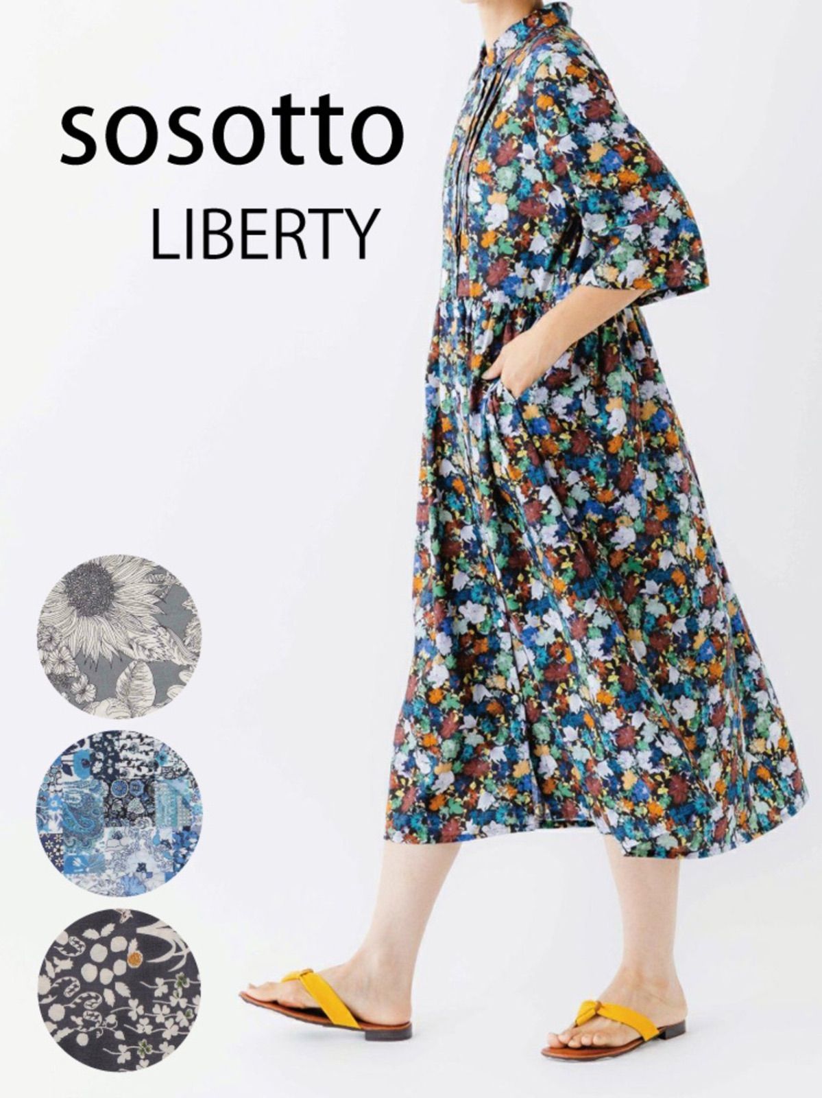 sosotto(ソソット)LIBERTY PRINTチビ衿ピンタック前開きワンピース