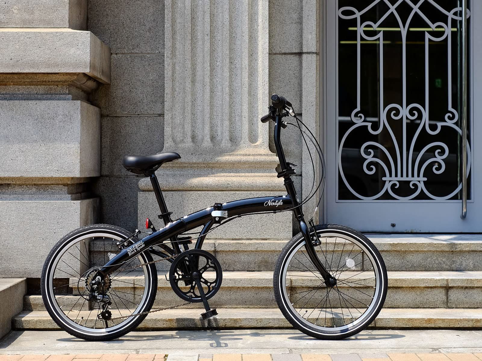 自転車 折りたたみ自転車 NX-FB001 6段変速 アルミフレーム 52T Vブレーキ NEXTYLE ネクスタイル ブラック スマホホルダーセット 20×1.75