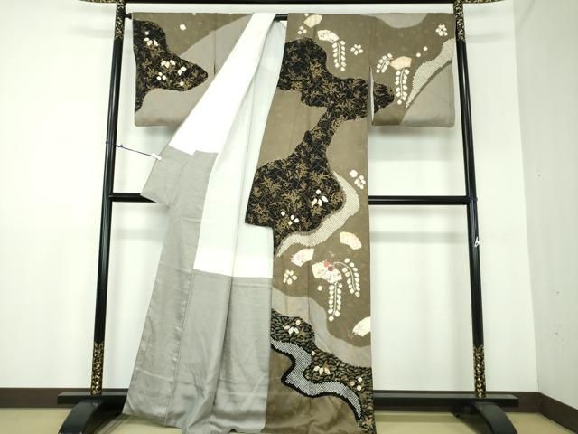 平和屋着物○訪問着 絞り 刺繍 道長地紙花文 金彩 正絹 逸品