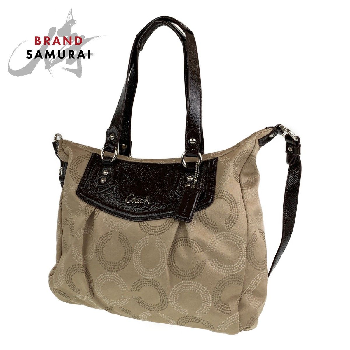 COACH コーチ オプアート ベージュ ブラウン 茶 シルバー金具 レザー 