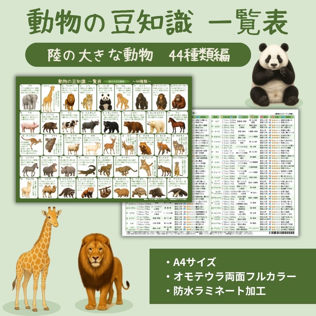 動物の豆知識一覧表【陸の大きな動物44種類編】A4サイズ・オモテウラ