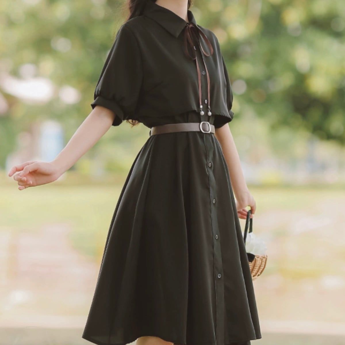 新品】フレンチレトロ♡ハイウエストボウタイリボンワンピース