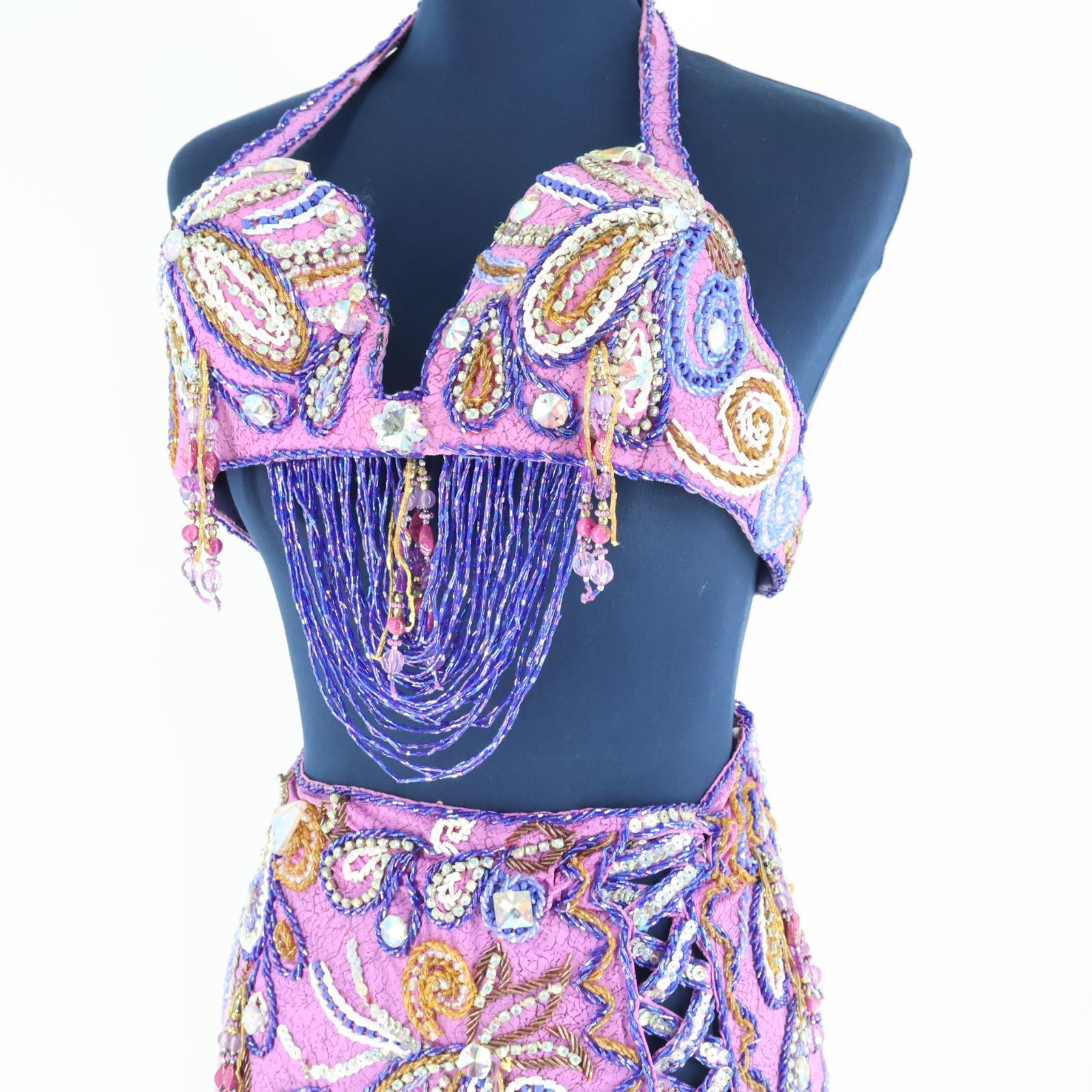【ベリーダンス用オリエンタル衣装】ピンク ラインストーン ビーズ パープル ベリーダンス用 オリエンタル衣装パープル×ピンク ラインストーン