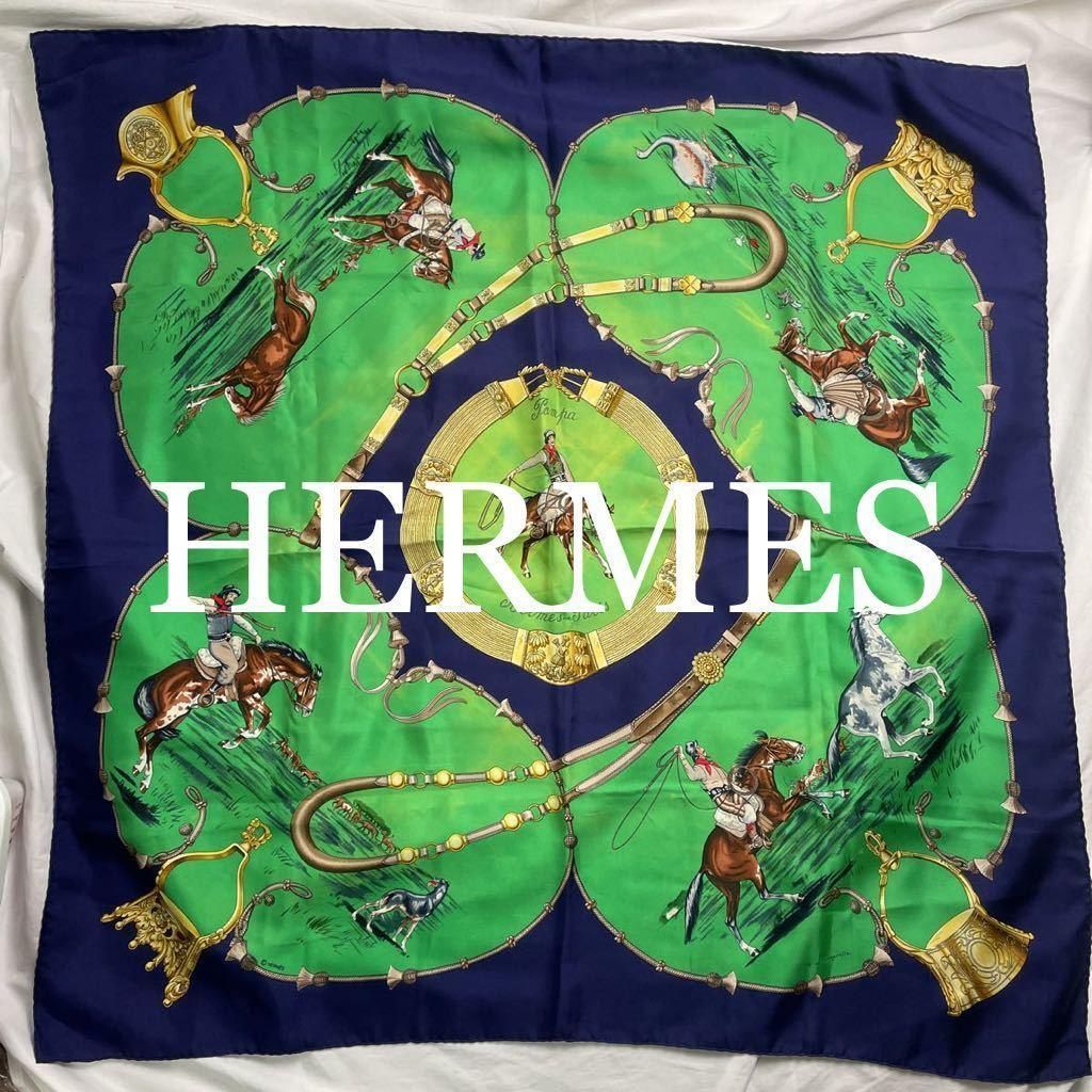 HERMES 大判スカーフ シルク100% 馬 ホース ブルー ヴィンテージ