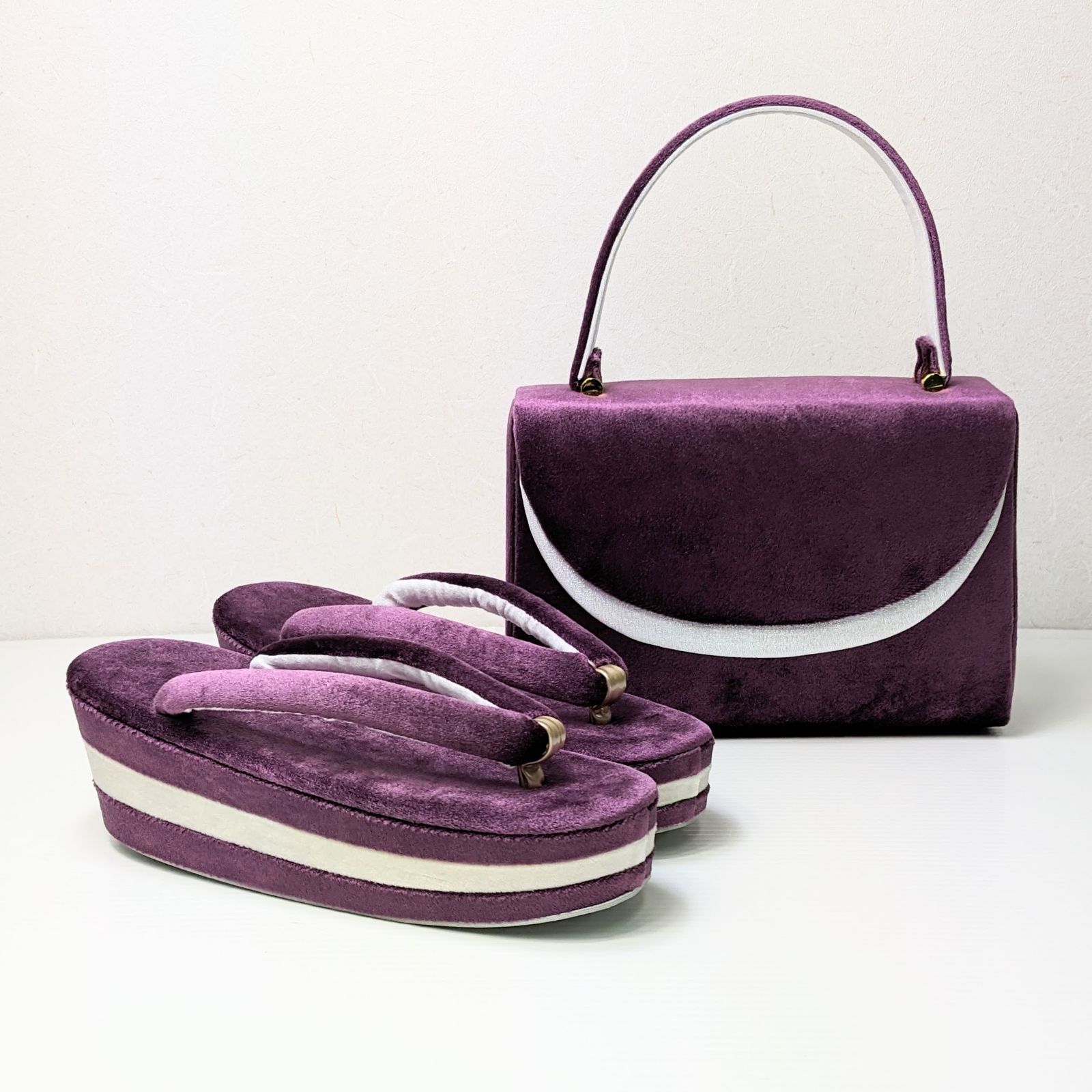 ベロア 3枚芯 草履バッグ セット ニュアンスカラー 紫 パープル w60-2 ベロア 3枚芯 草履バッグ セット ニュアンスカラー 紫 パープル w60-2