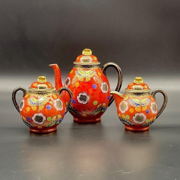 里帰り 大日本 宮島 朱金花蝶図 ポットセット シュガーポット クリーマーオールドニッポン ノリタケ ティーセット カップ 赤に金彩