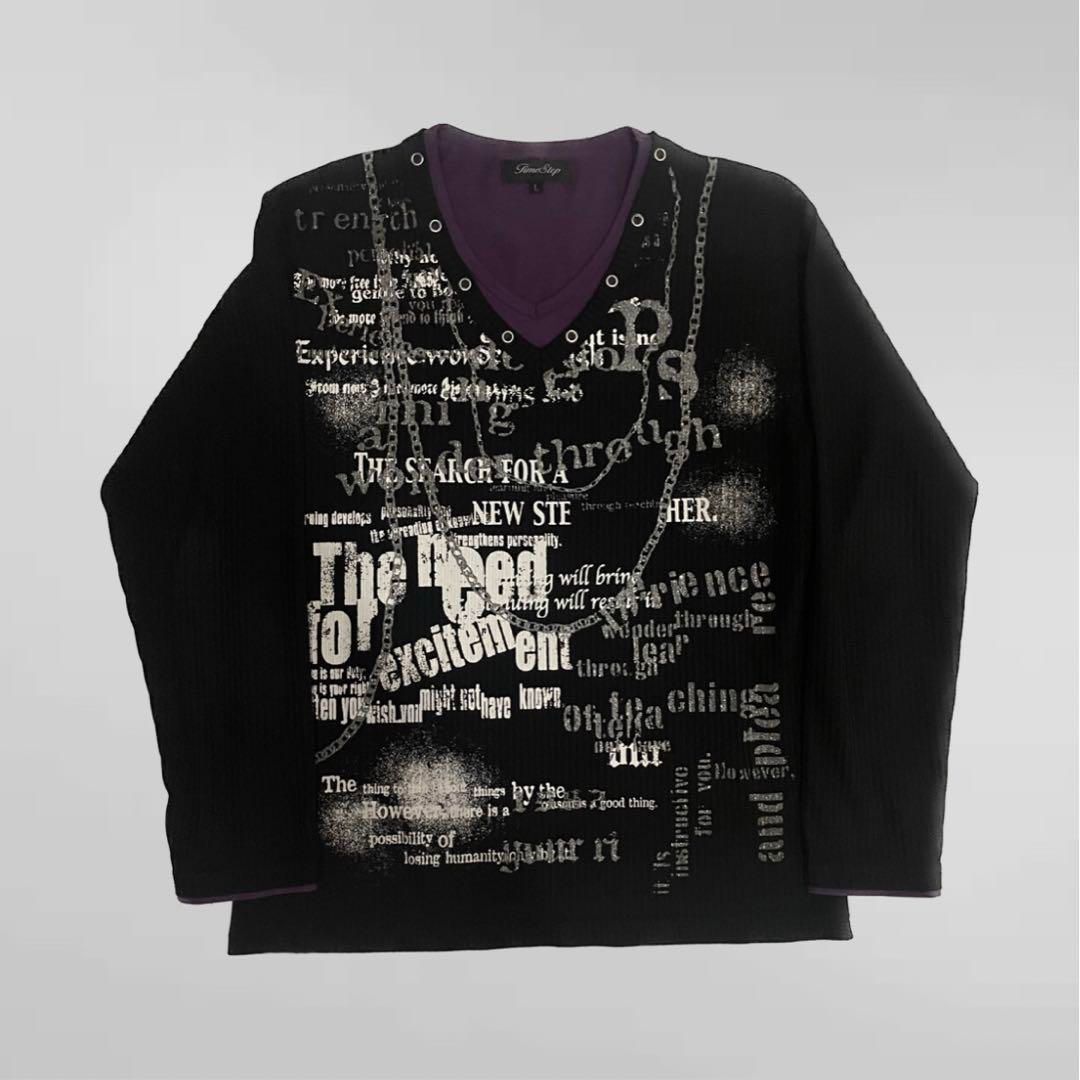 y2k 黒 Vネック ロンt 英字 ラメ チェーンギャル男 お兄系 - メルカリ