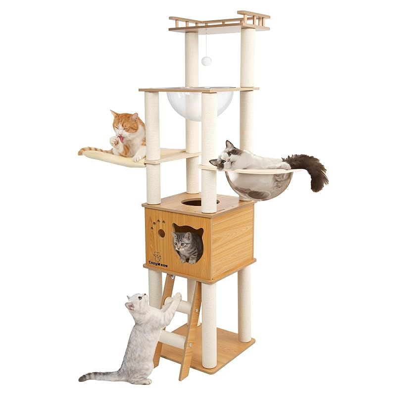 CozyMeow キャットタワー 木製 据え置き スリム 宇宙船 厚さを増した板材 大型猫用 猫タワー 多頭飼い キャットハウス 爪とぎ キャットウォーク 人気 きゃつとタワー シニア ねこ おしゃれ かわいい キャットステップ 高い安定性 運動不足解消 1