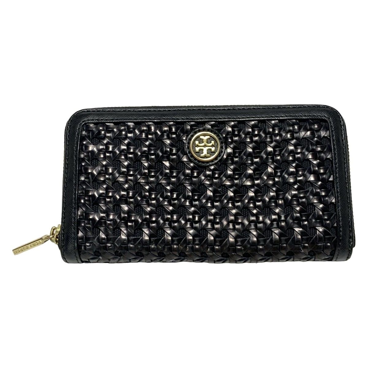 TORY BURCH トリーバーチ 長財布 - 黒 ラウンドファスナー|編み込み レザー