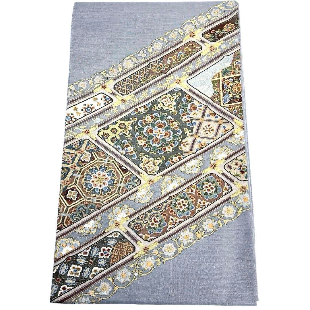 袋帯　明綴れ　金糸　華紋　花菱　唐花模様　青海波　着物　072a u 袋帯明綴れ金糸華紋花菱唐花模様青海波着物072a u