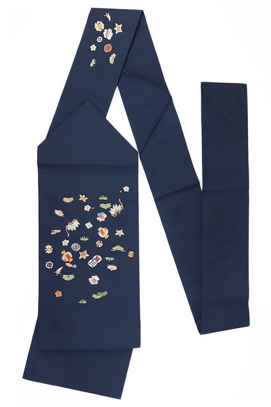 名古屋帯 手刺繍 未使用 正絹 紬 カジュアル 紺 宝尽くし 仕立て上がり