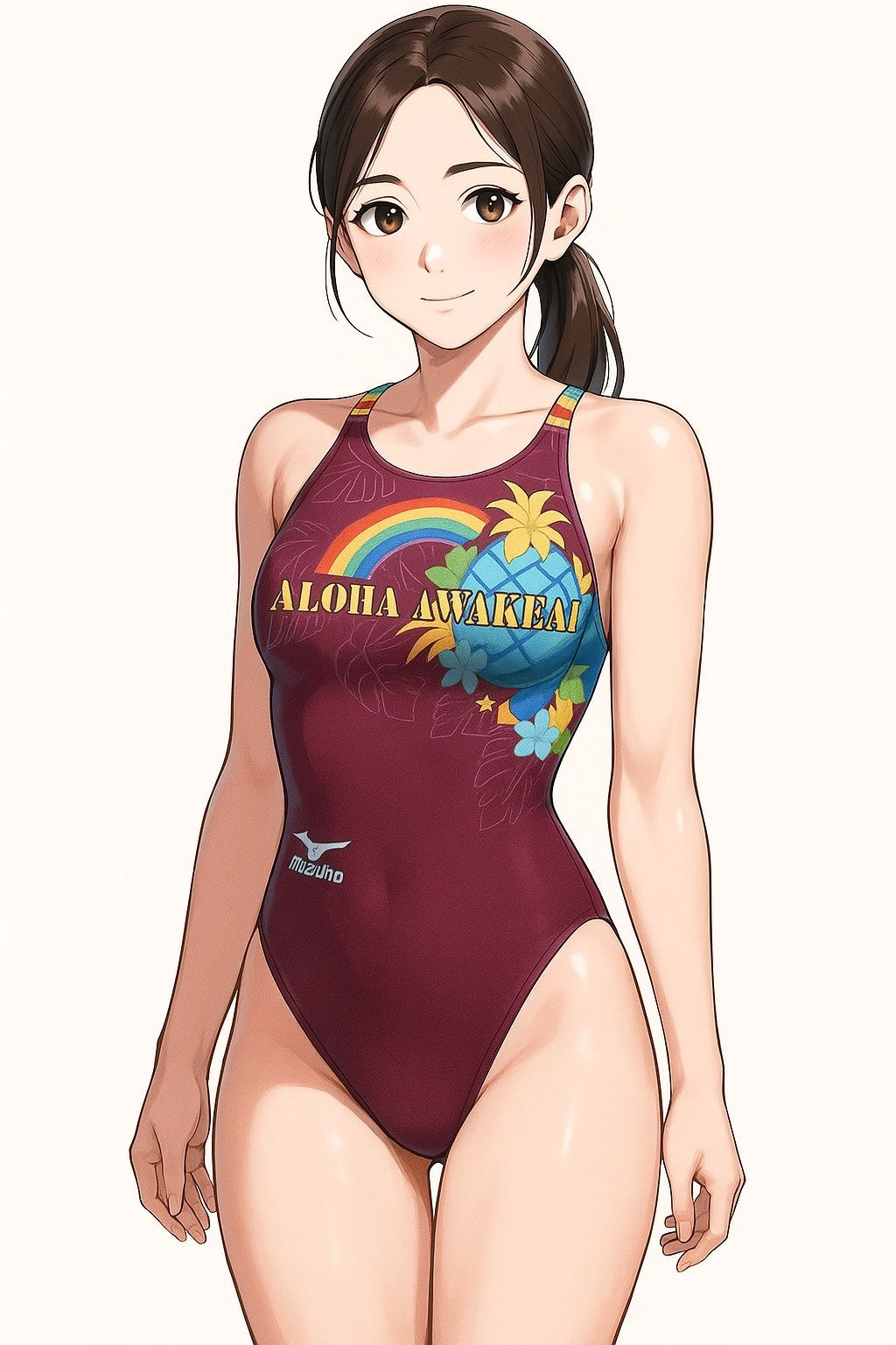 H198ミズノ♪日本製♪ハワイアン柄パープルのハイカット小尻デザイン女子競泳水着♪練習やトレーニングや撮影用にも♪サイズL