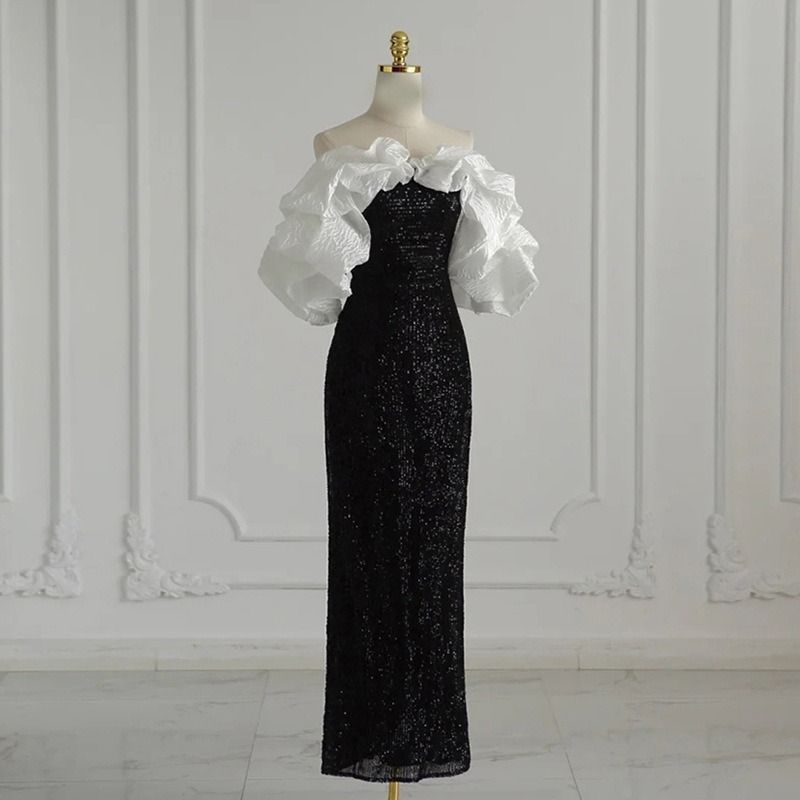 2025 パーティードレス レディース ロング丈 ワンピース ドレス 結婚式 お呼ばれ オフショルダ- タイトスカート スパンコール きらきら 演奏会 発表会 大きなフリル袖 ブラック
