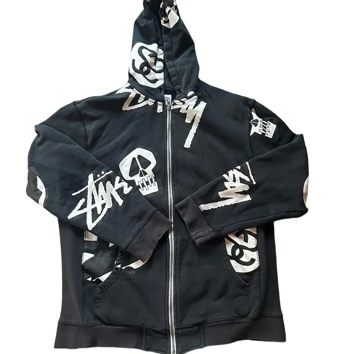 STUSSY ステューシー ビッグ ロゴ AOP フード付き ジップアップパーカー 黒 L
