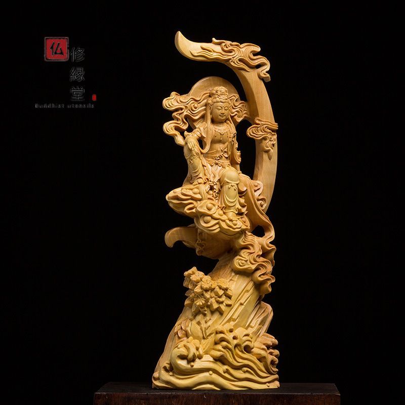 【修縁堂】極上品 木彫仏像 水月自在観音菩薩立像 彫刻 仏教工芸 ご利益 柘植材 修縁堂】仏像 木彫 水月観音菩蕯座像 彫刻 仏教工芸品 柘植材 縁結び