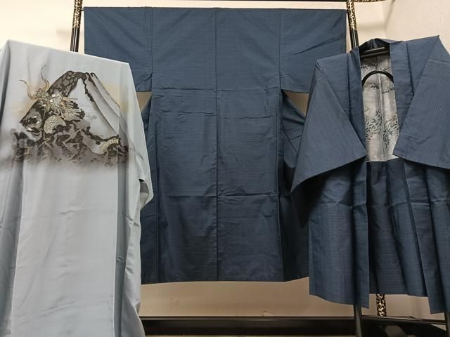 平和屋着物●男性 本場大島紬 アンサンブル 長襦袢 袷 セット 格子 正絹 AABB0400ph