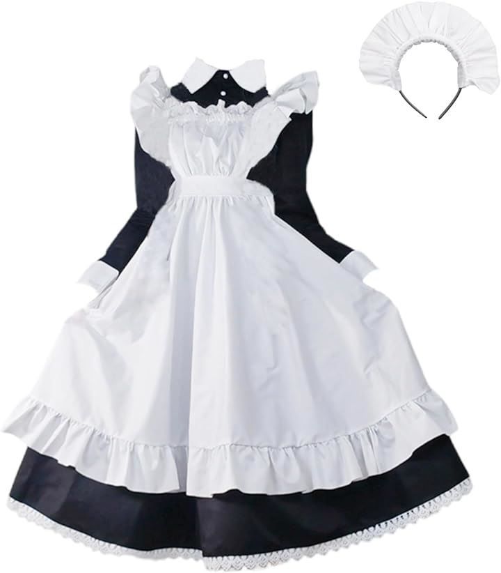 ルナリ メイド服 3点セット 長袖 ロング丈 ワンピース エプロン カチューシャ ロリータ コスプレ 衣装 仮装 XL