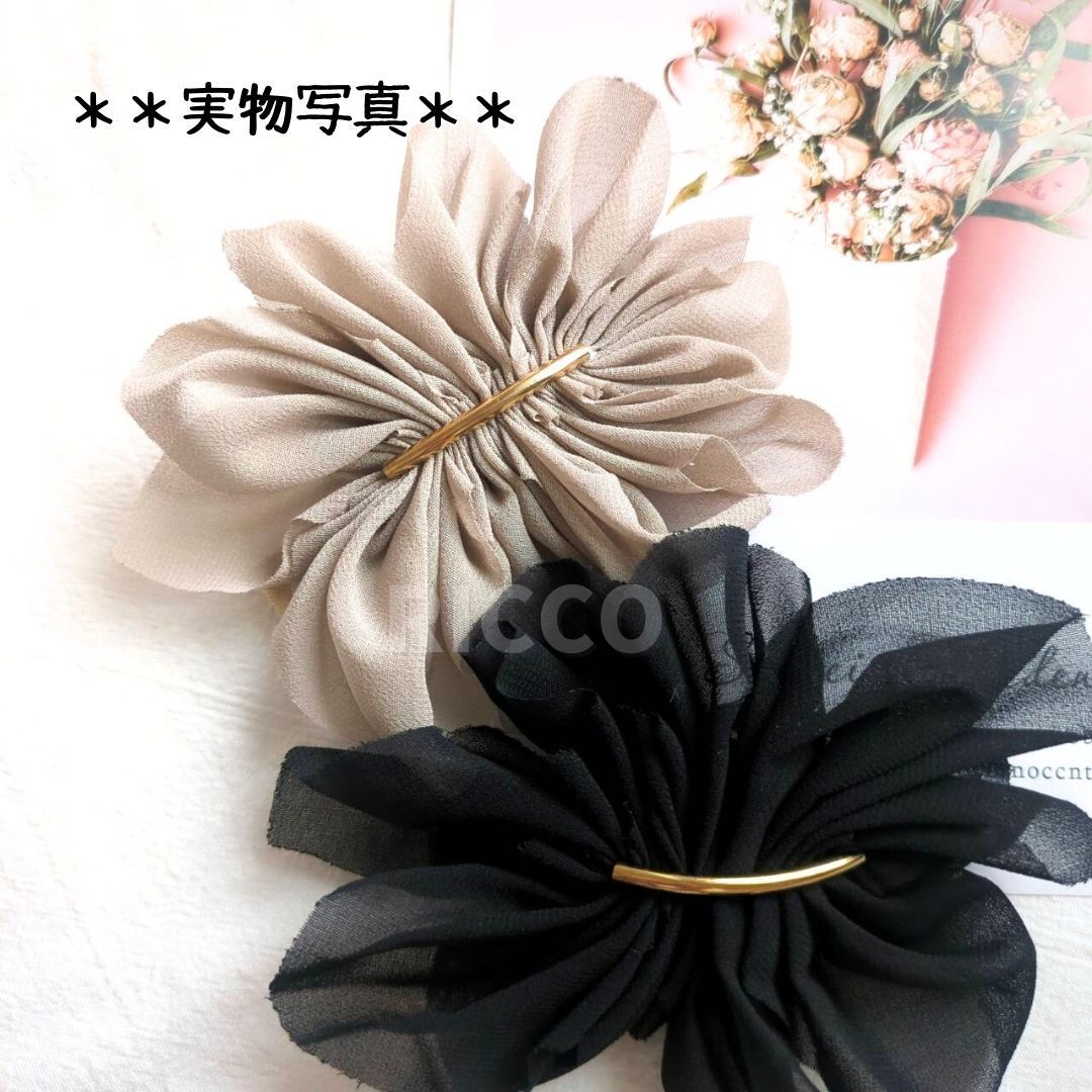 シフォンリボンのバレッタ 2色展開 ブラック ベージュ ヘア