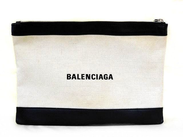 バレンシアガ BALENCIAGA クラッチバッグ 373834 ネイビークリップM キャンバス×レザー アイボリー セカンドバッグ メンズ □7E
