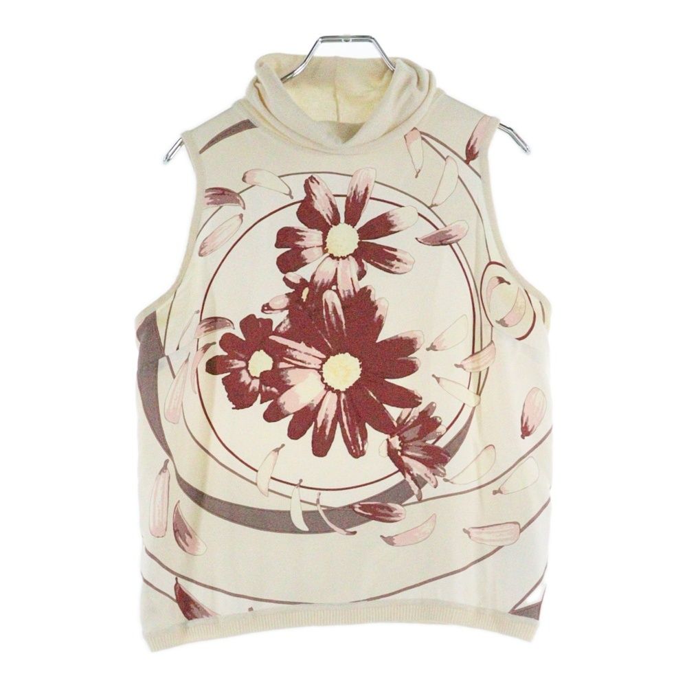 HERMES エルメス マルジェラ期 シルク フラワー柄プリント スカーフ カシミヤ混 ニット切り替え タートルネック ノースリーブ トップス ベスト ベージュ レディース