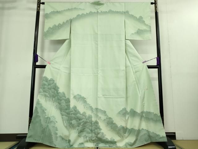 平和屋着物 上 石川県指定無形文化財 牛首紬 白山工房 手織り 訪問着 作家物 樹林文 白緑色地 ♥ DZAA9249kh5
