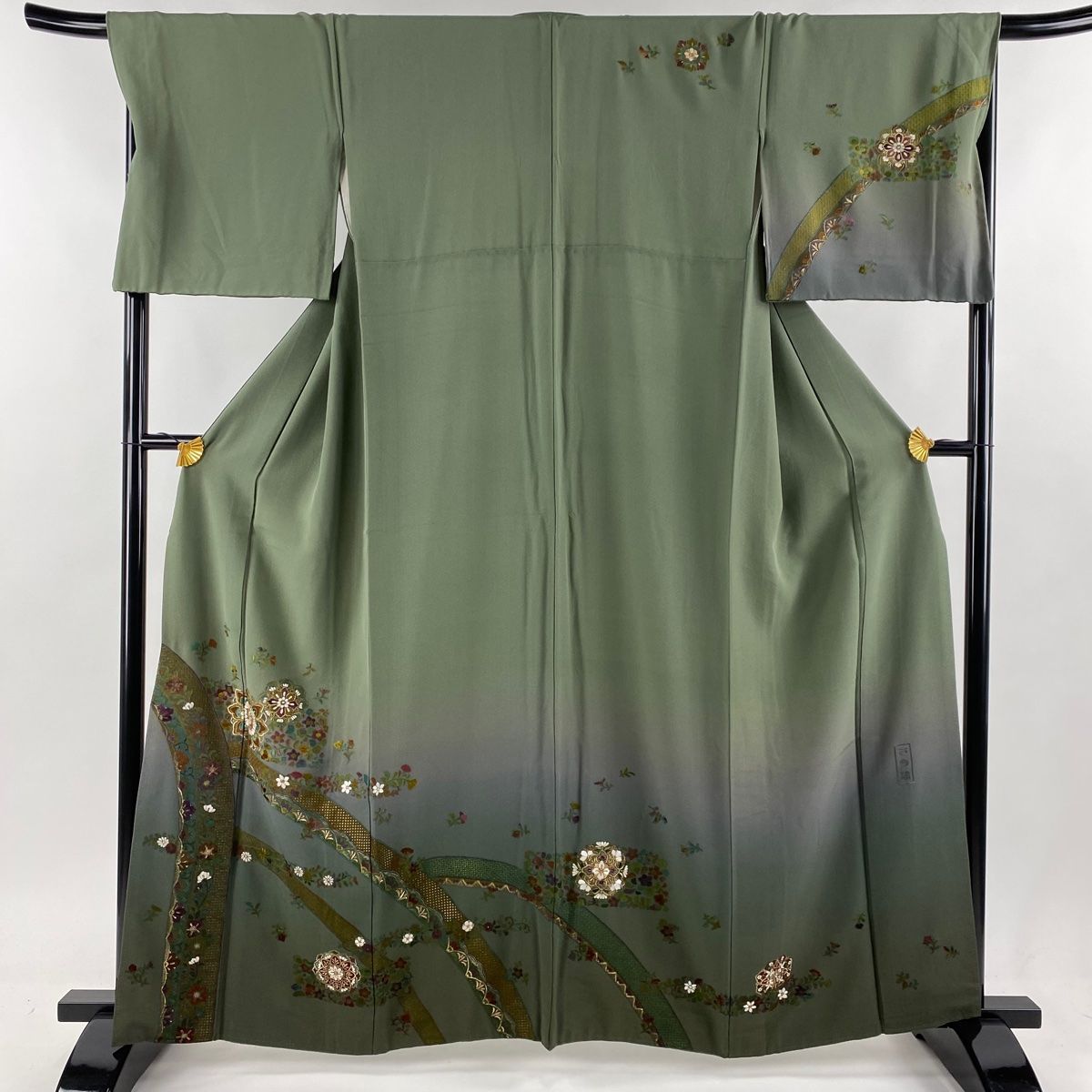 訪問着 身丈162.5cm 裄丈69cm L 袷 華文 草花 金糸 刺繍 灰紫 正絹 