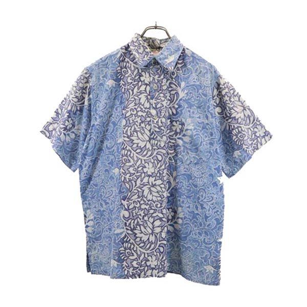 ゴーベアフット 90s オールド USA製 リバースプリント 総柄 アロハシャツ L ブルー系 Go BaReFooT メンズ 【中古】  【230726】 メール便可