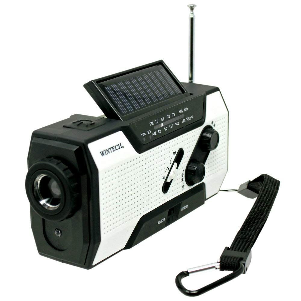 新品 WINTECH 防災用 防滴手回し充電 FM/AMポータブルラジオ KDR-201WP LEDライト搭載 ホワイト 携帯充電(MicroUSBケーブル、タイプCアダプタ付属) 乾電池対応 ソーラー充電