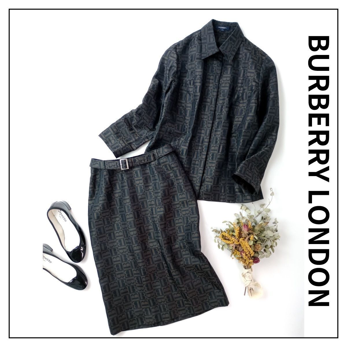 BURBERRY LONDON バーバリーロンドン Bロゴ セットアップ シャツ スカート グレージュ系 ブラック系 125Y＋3927 25A