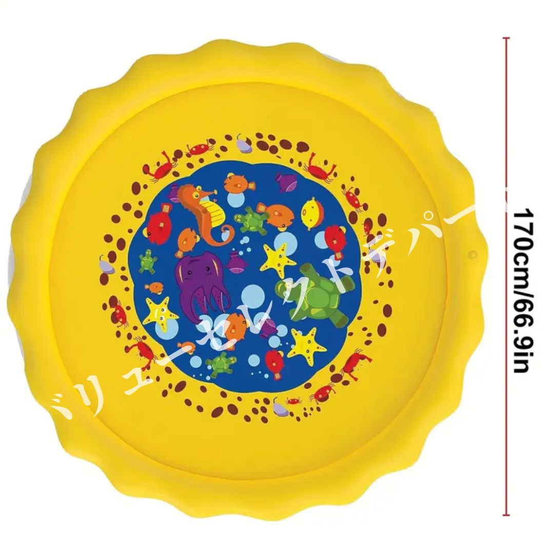 スプリンクラーパッド 幼児用インフレータブル水遊びマット 屋外プレイマット付きプール構造 男児女児3歳から10歳対象 夏季アウトドア玩具 ビーチボール付きセット 家庭用水遊びアイテム 庭先設置簡単 安全耐久構造涼感マット遊具 シンプル イエロー