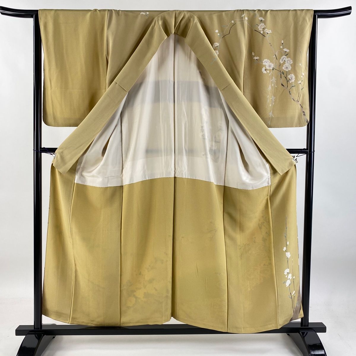 訪問着 身丈155.5cm 裄丈64cm M 袷 落款 桜 流水 ぼかし 薄黄土色 正絹 MERCADOAVALIA_COM_BR