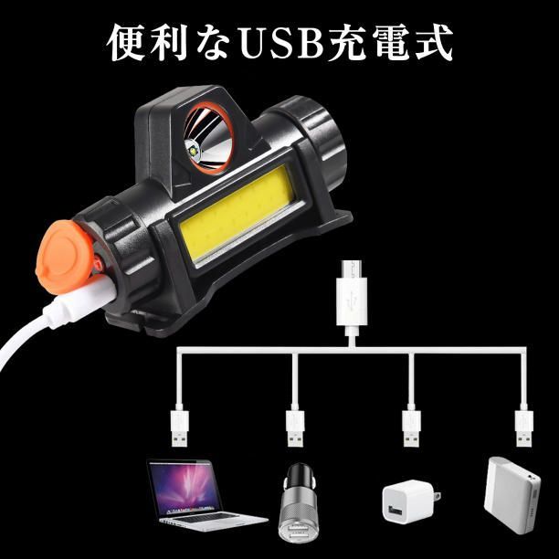 LED ヘッドライト COB 投光器 ランプ 2個 USB 充電式 懐中電灯