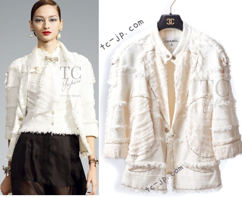シャネル ジャケット CHANEL アイボリー クリーム コットン シルク シフォン チェーン トリム カール ラガーフェルド作品 42