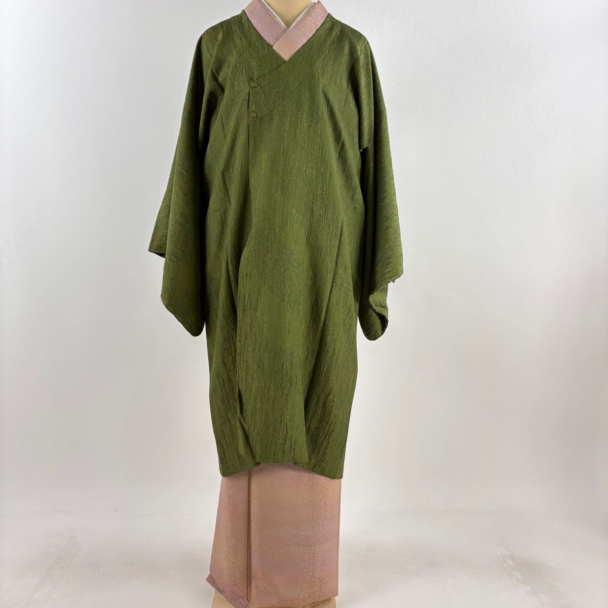 道行 身丈108cm 裄丈67cm M 和装コート 千代田衿 地紋 幾何学模様 茶緑色 正絹