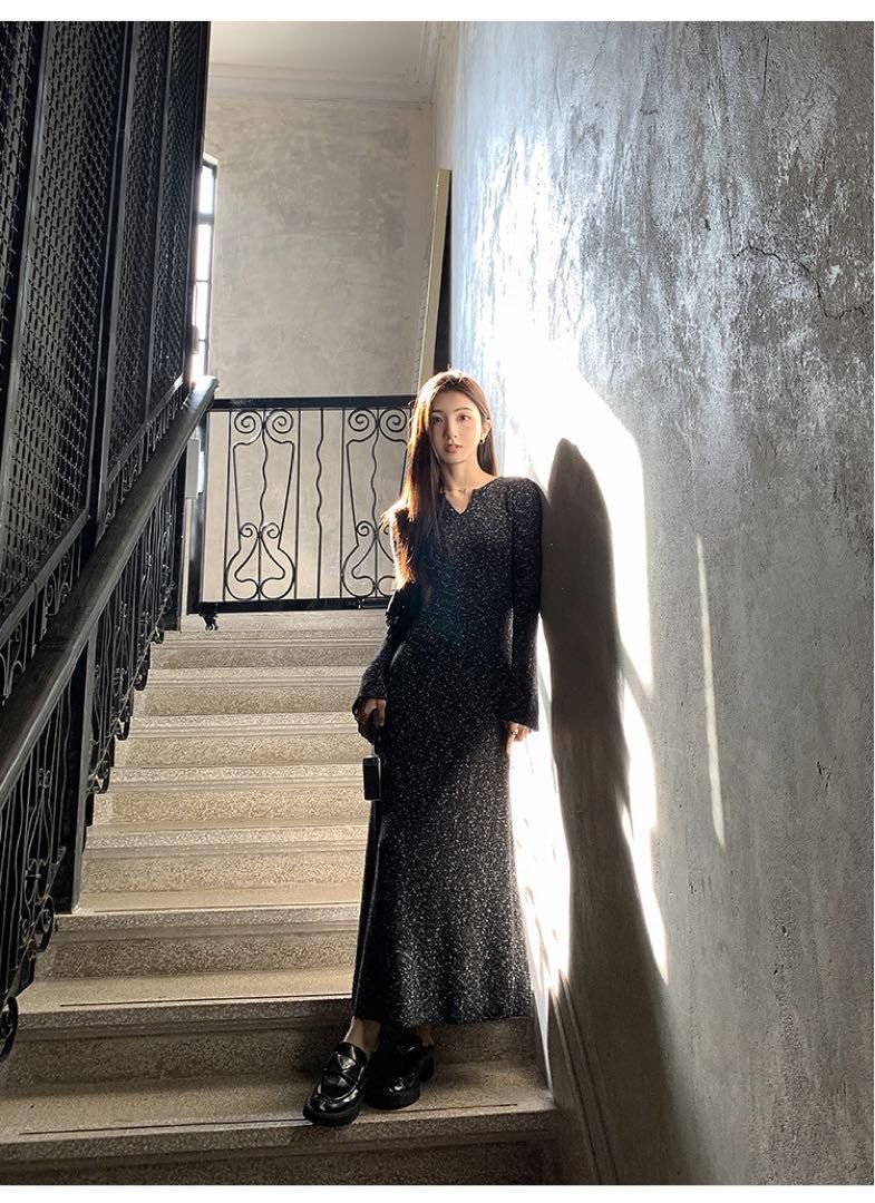 春ニットロングワンピース デートや女子会にも最適モテ服