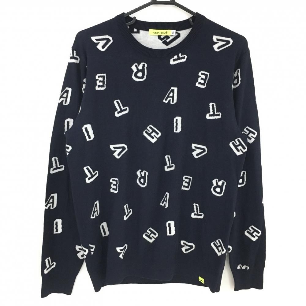 SALE価格【美品】ビバハート セーター ネイビー×白 英字総柄 ウール混 ニット メンズ 50(L) ゴルフウェア VIVA HEART