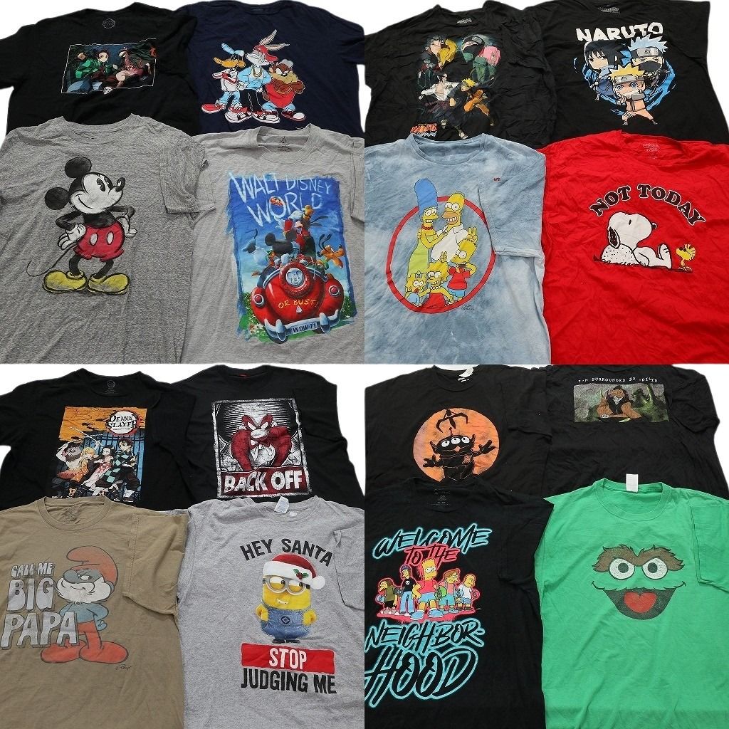 古着卸 まとめ売り キャラクター 半袖Tシャツ 16枚セット メンズ XL 鬼滅の刃 ディズニー ナルト シンプソンズ 古着 NC3853