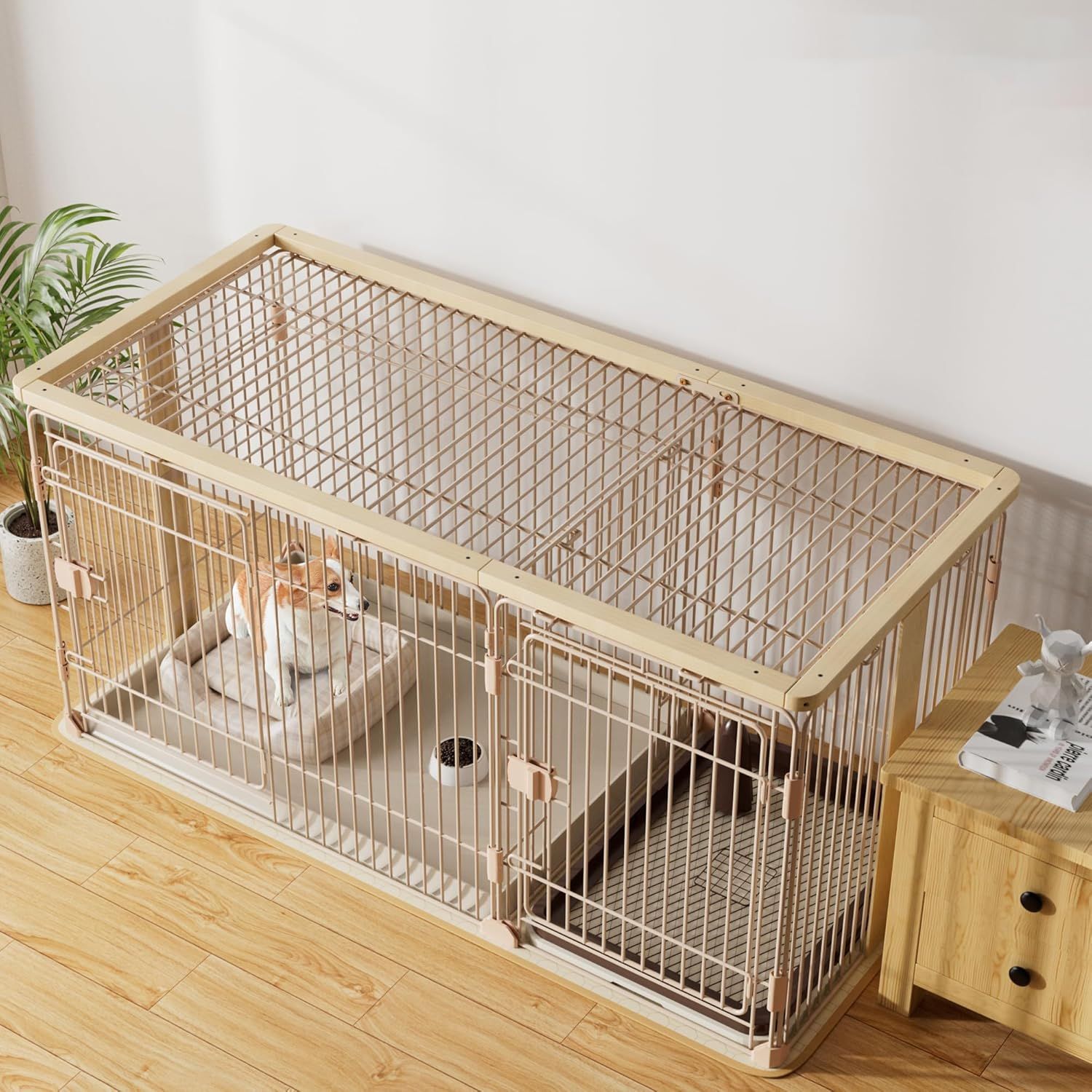 WWI 犬用 ケージ ペットサークル 犬 サークル 幅145*奥行き68*高さ70cm 室内サークル トイレトレーニング出来る しつけできる 犬トイレ-ペットマット付き 室内 お手入れ簡単 木製風 1年間メーカー保証 ベージュ 屋根ある