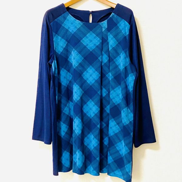 anc レリアン Leilian チュニック 13 紺 青 ニット バックボタン チェック柄 大きいサイズ レディース 952809