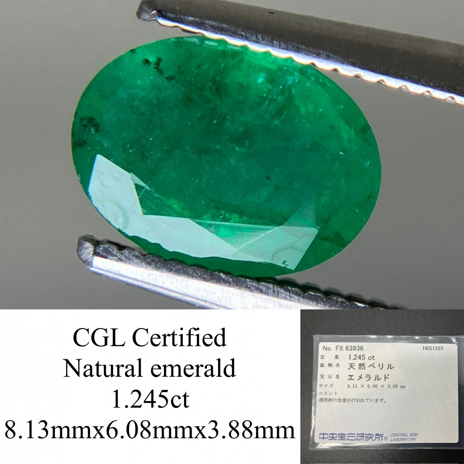 エメラルド 1.245ct 中央宝石ソーティング付き 8.13㎜×6.08㎜×3.88㎜ 天然 ルース 裸石 4962YY