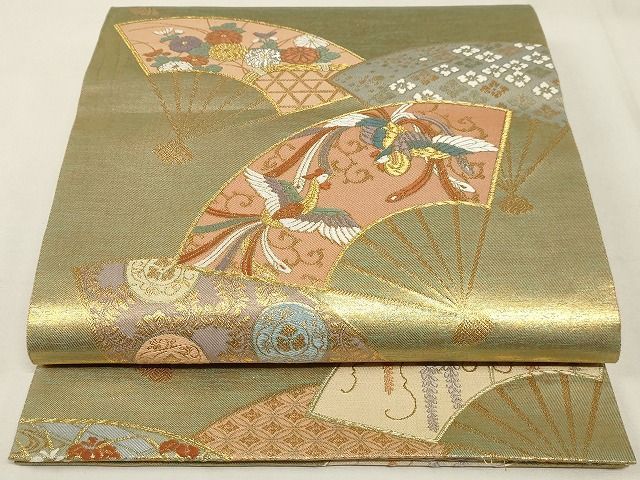 平和屋着物◎六通柄袋帯 唐織 扇面鳳凰花文 金銀糸 正絹 逸品