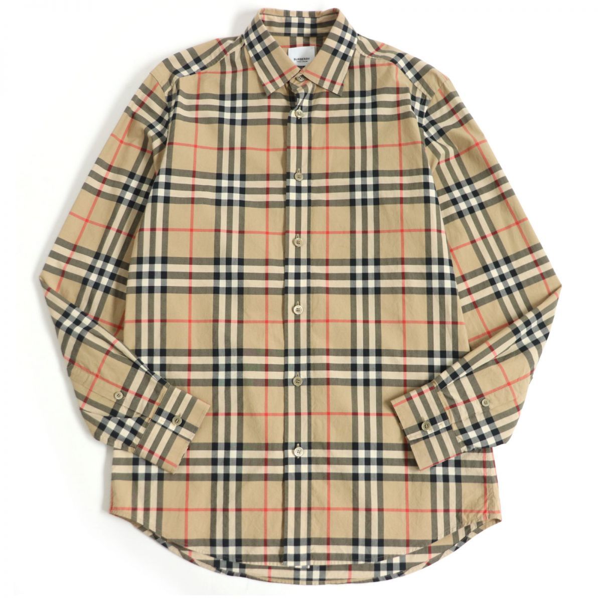 良品□BURBERRY/バーバリー 8020863 ノバチェック柄 ロゴボタン コットン100％ ロングスリーブ 長袖シャツ ベージュ S 正規品  メンズ◎