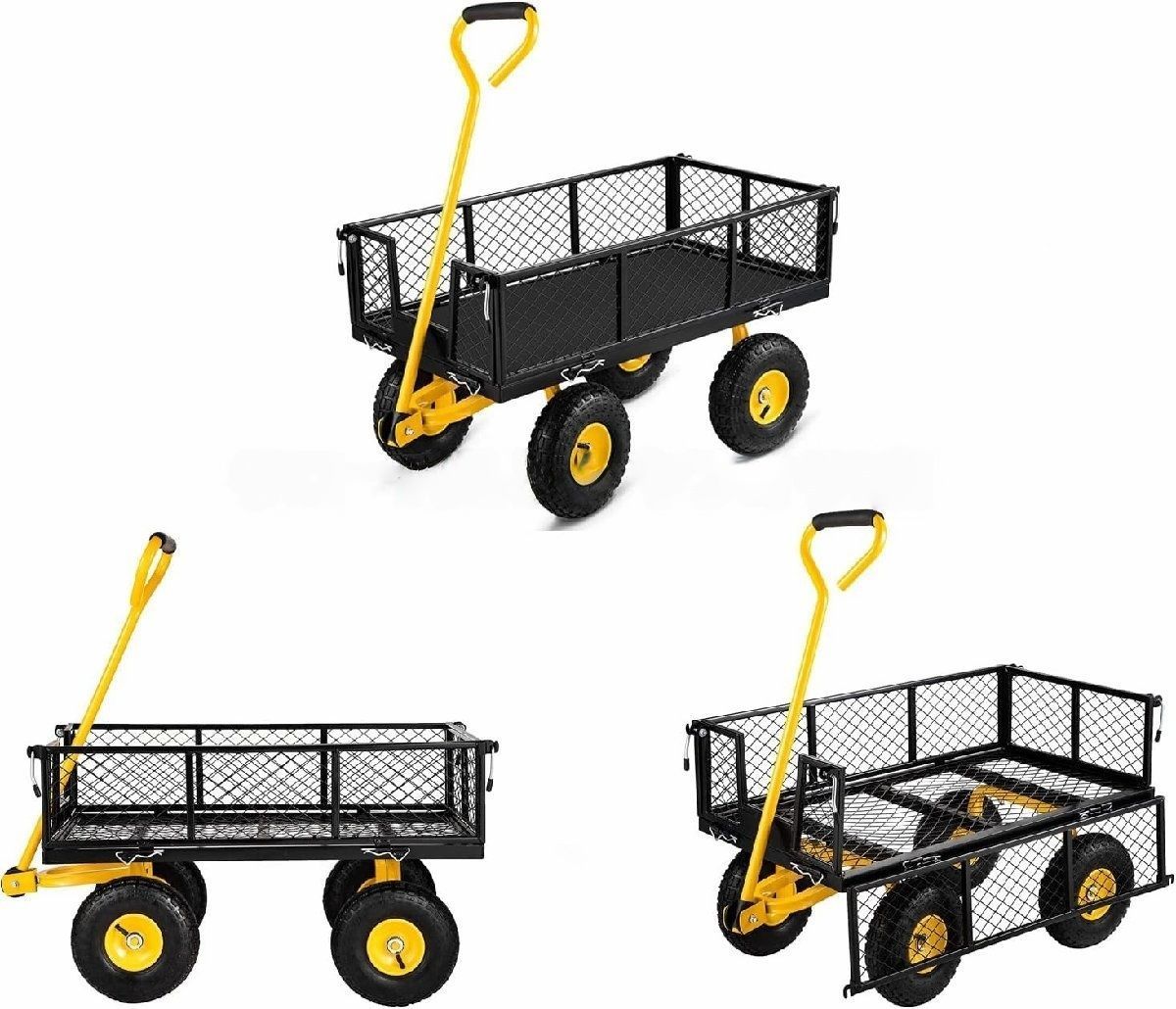 新入荷 メッシュかご付き 台車 ガーデンカート 運搬車 手引き台車 空気圧タイヤ 取り外し な側面 耐荷重300kg 97 52 102CM