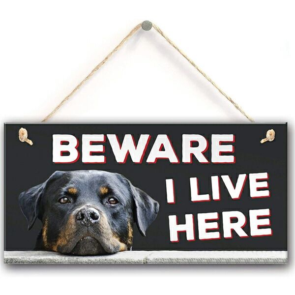 プラスチックサイン BEWARE I LIVE HERE ロットワイラー 13cm×25.5cm 麻紐付き