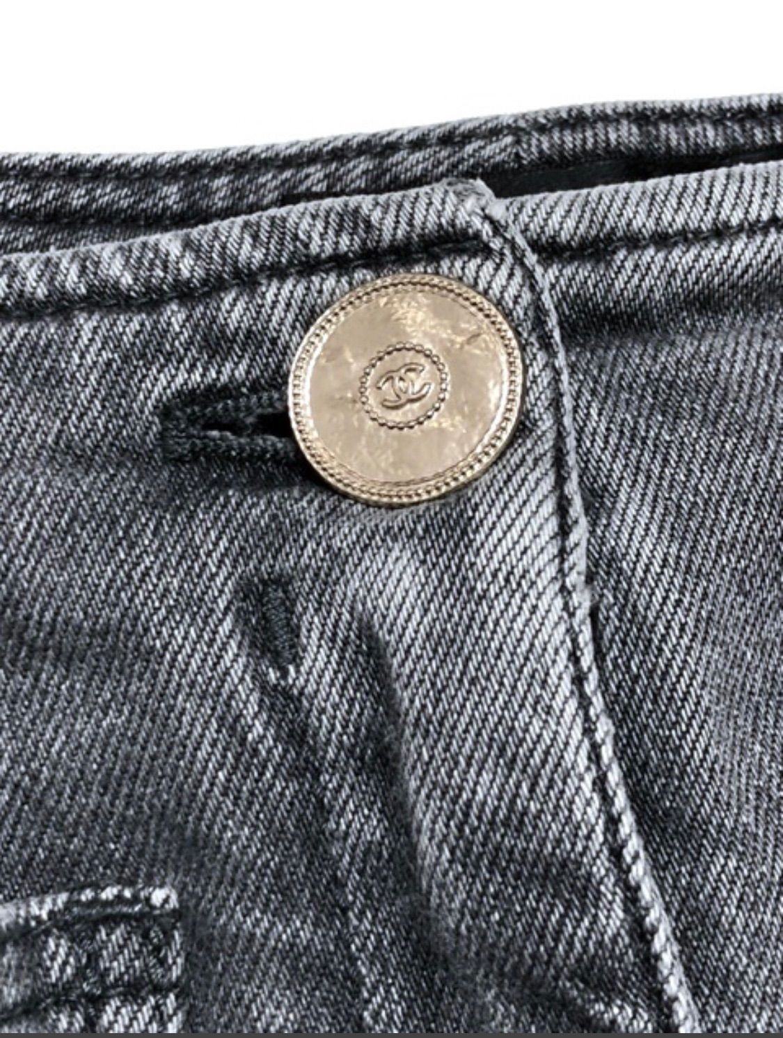 【美品】CHANEL シャネル ダメージデザインデニムパンツ グレー+おまけ 美品】CHANEL シャネル ダメージデザインデニムパンツ グレー+