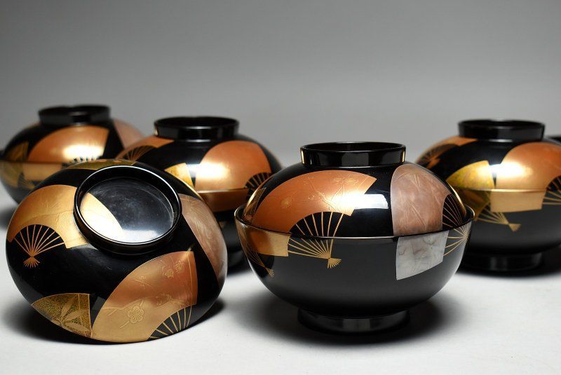 蔵A5038 能登輪島塗 金銀扇蒔絵椀 元箱