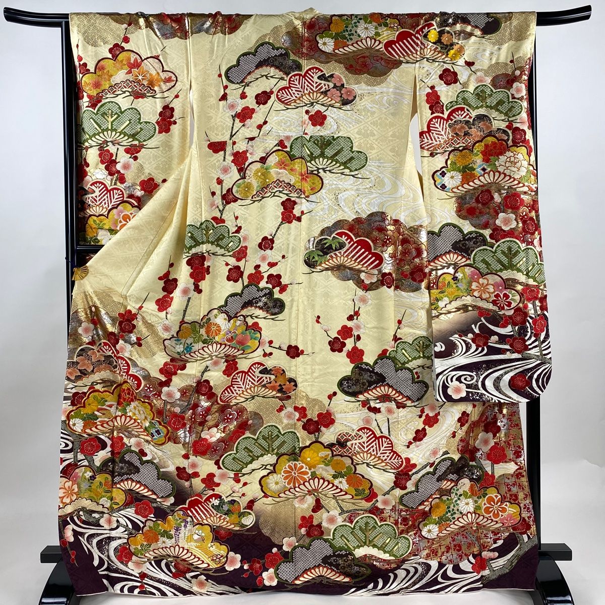振袖 身丈170cm 裄丈67.5cm L 袷 落款 松 梅 金糸 金銀彩 薄黄 正絹 名品