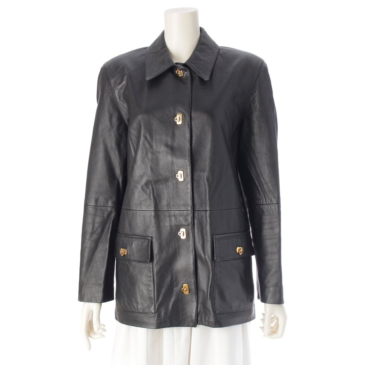 サルヴァトーレフェラガモ レザー ゴールド金具 ガンチーニ ジャケット アウター ブラック 42